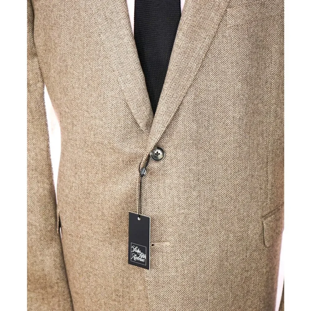 $1,295 SAKS 5TH AVE - Brown Herringbone Cashmere Blazer - 50R